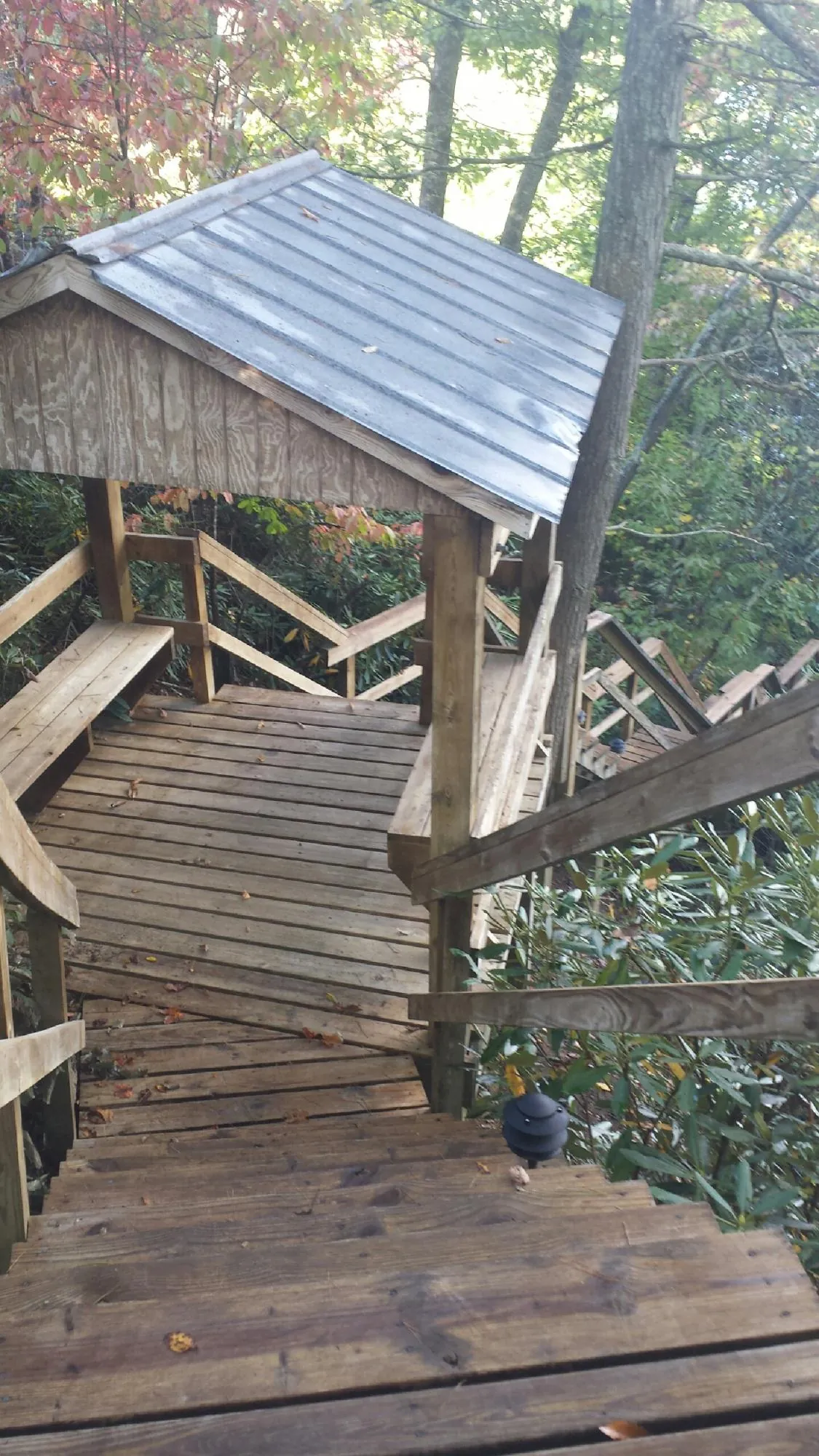 Metal roofed shelter over wooden steps on a wooded walkway — Skylight Repair & Installation work by our crew in Red Oak